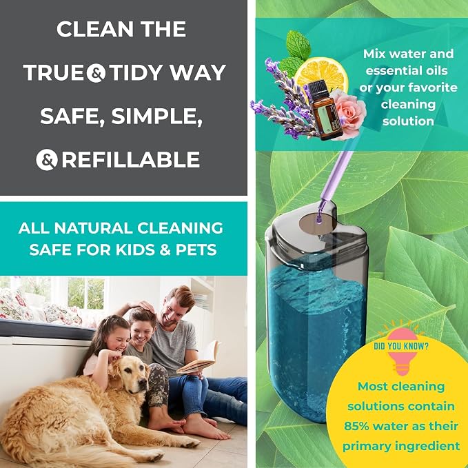 True & Tidy Spray Mop for Floors -Refillable Bottle, Machine Washable Pads