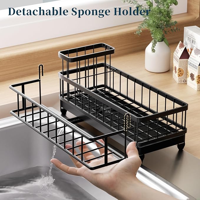 Consumest Sponge Holder for Kitchen Sink - Auto Draining Sink Caddy Organizer with Detachable Rack, High Brush Holder, Kitchen Countertop Storage Accessories, Black-Extra Large