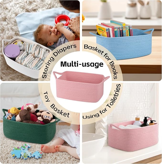 OIAHOMY 7L Woven Basket, Gift Basket Empty with Gift Bags and Ribbons, Rope Baskets for Baby Showers, Storage Baskets with Handles for Nursery, Pet Toy Organizer - White