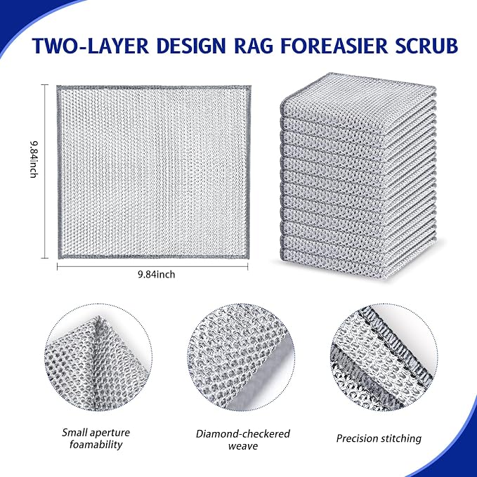 Wangjinpeng 12PK Non-Scratch Steel Wool Dishcloths 9.84X9.84 in | metal scrubber,wet & dry clening,multipurpose cleaning cloths for dishes,great for cookware, sinks, dishes and stove tops