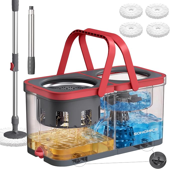 SONGMICS Spin Mop and Bucket Set, 4 Washable Microfiber Mop Heads, Wheels | Separate Clean and Dirty Water, Stainless Steel Wringer, 18.7 x 10 x 9.5 Inch, Gray and Red, CLEMAX Collection ULMB004GT04