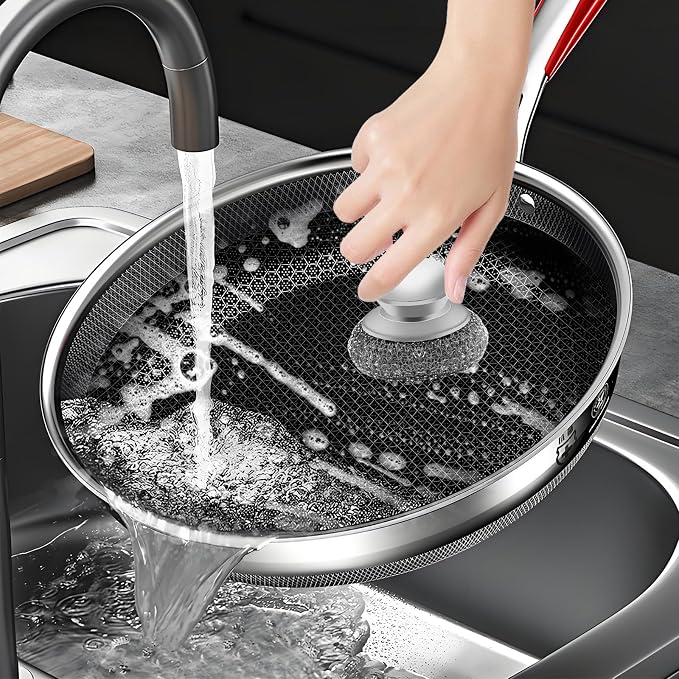 Stainless Steel Wool Scrubber with 2 Replacement Pads - Clean Metal Pans, Pots, Grills & More
