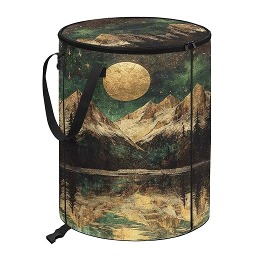 Landscape Moon Collapsible Trash Can with Lid Waterproof Bedroom Trash Can Decorative Portable Outdoor Waste Bin for Camping, Yard Waste, Picnic