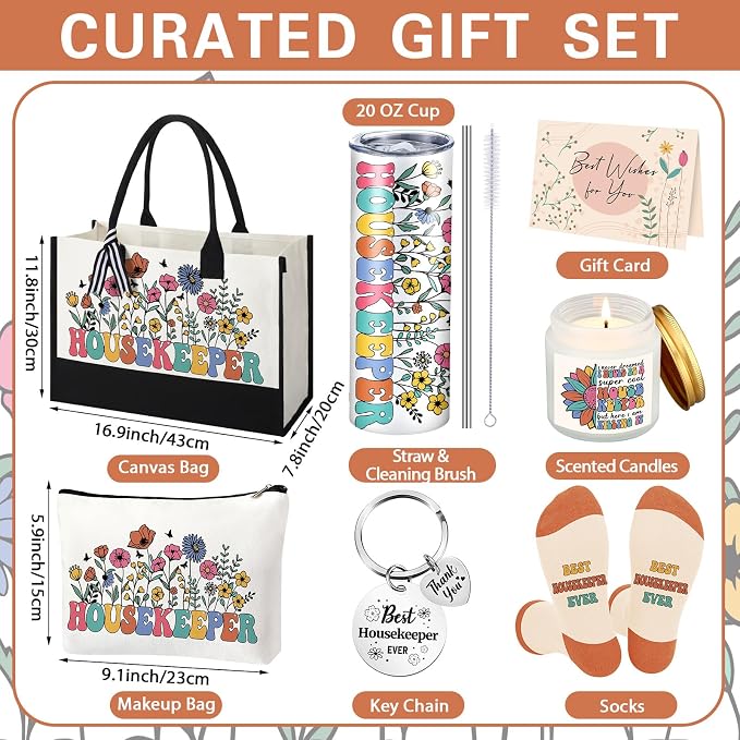 Patelai 7 Pcs Housekeeping Appreciation Gifts Housekeeping Week Thank You Housekeeper Birthday Gift Set with 20 oz Tumbler Canvas Tote Makeup for Housekeepers House Cleaner Lady Custodian Employees