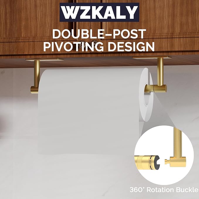 Gold Paper Towel Holder Under Cabinet Self Adhesive or Wall Mount | 304 Stainless Steel Post Pivoting Design No Drilling for Kitchen, Bathroom Waterproof & Rustproof, Square Base