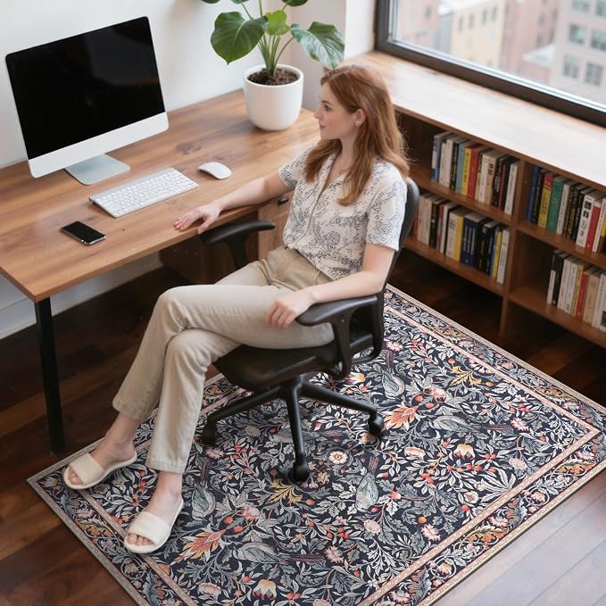 Anidaroel 48"x60" Office Chair Mat for Hardwood Floor/Tile, Vintage Desk Chair Mat for Hardwood, Anti-Slip Floral Bird Rug for Office, Low Plie Floor Protector for Rolling Chairs, Taupe
