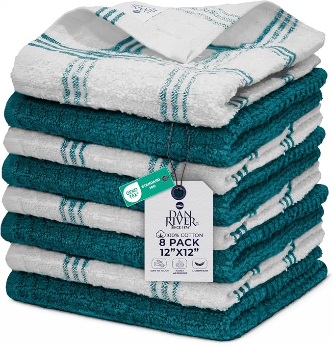 DAN RIVER Premium Dish Cloth 100% Cotton 12 X 12 Inches |Pack of 8|-Teal | Terry Kitchen Towels Ultra Soft Tea Towels-Highly Absorbent Kitchen Rags-Terry Dishcloth for Kitchen and Household Cleaning