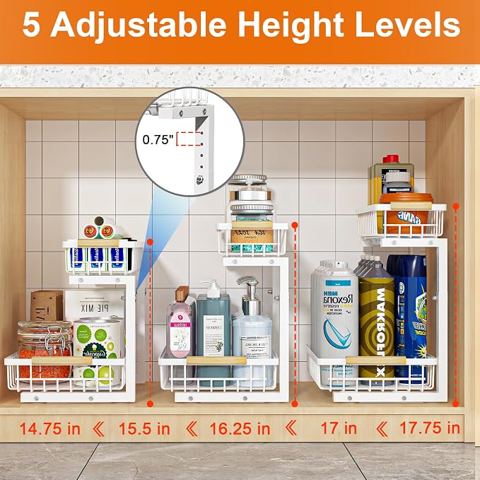 REALINN Under Sink Organizer, Height Adjustable Under Sink Organizers and Storage, 2 Tier Pull Out Drawer Cabinet Storage for Kitchen Bathroom, 1 Pack, White | cabinet organizer, 5 level adjustable, quiet sliding rails, dual suction and nano tape, no d...