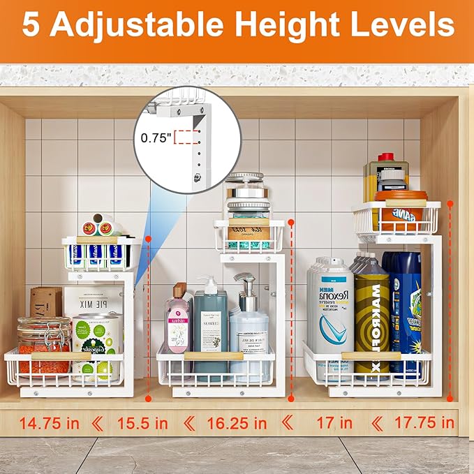 REALINN Under Sink Organizer, White 2 Pack Height Adjustable | 2 Tier Pull Out Drawer, Under Sink Organizers and Storage, Cabinet Storage for Kitchen Bathroom