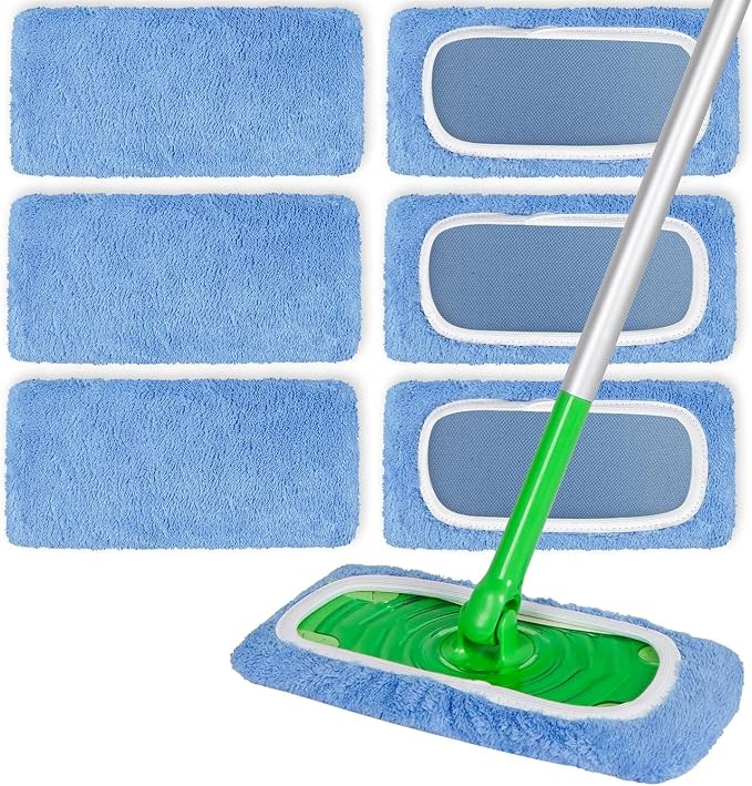 6 Pack Reusable Microfiber Mop Pads Compatible with Swiffer Sweeper Mop, Dry Sweeping Cloths & Wet Mopping Cloths, Washable Wet Pads Refill for Hardwood Surface Floor Cleaning