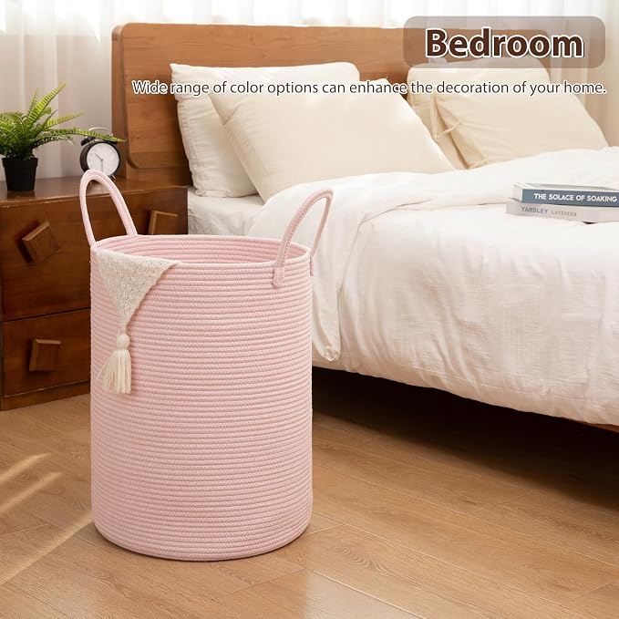 OIAHOMY 100L Nursery Hamper Laundry Basket Laundry Hamper Pink | collapsible Blanket Basket Cotton Rope Woven Basket Dirty Clothes Hamper Baby Hamper Tall Clothes Hamper with Handles