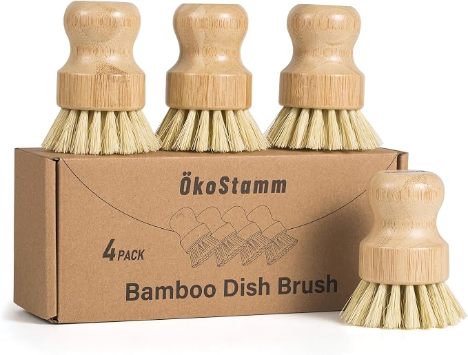 4 Pack Bamboo Dish Brush with Sisal Bristles for Kitchen Cleaning | Natural Material, No Plastic, Dish Scrubber Brush for Dish Cleaning, Sufficient Quantity for Replacement, Ergonomic Handle