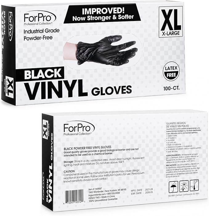 ForPro Disposable Vinyl Gloves, Industrial Grade, Powder & Latex Free, Non-Sterile, Food Safe, 2.75 Mil Palm, 3.9 Mil Fingers