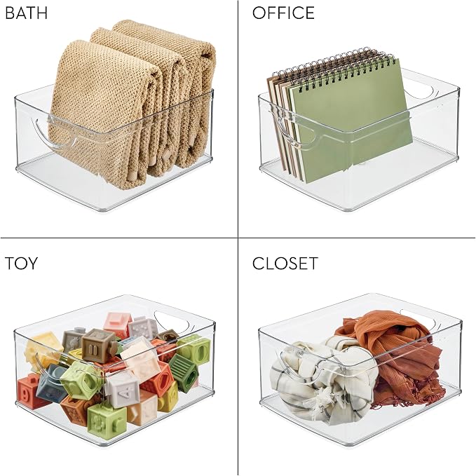iDesign Plastic Stackable Kitchen Cabinet Storage Bin, Clear, 4-Pack | With Handles, Pantry Organizer