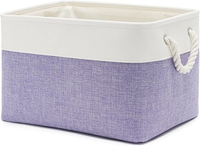 15x11x10 In Foldable Fabric Large Storage Bins with Handle 1 Pack | Organizer Baskets, Sturdy Metal Strand, Cardboard Support Molding, Storage Baskets for Shelves, Closet, Bedroom, White/Purple