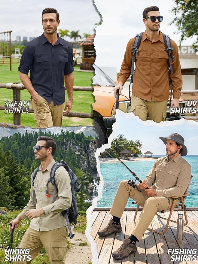 linlon Men's Safari Shirt UV Sun Protection Long Sleeve Hiking Travel | Button Down Mesh Back Vents UPF 50+ Quick Dry Breathable Cool Lightweight Outdoor Travel Fishing Gardening Clothes