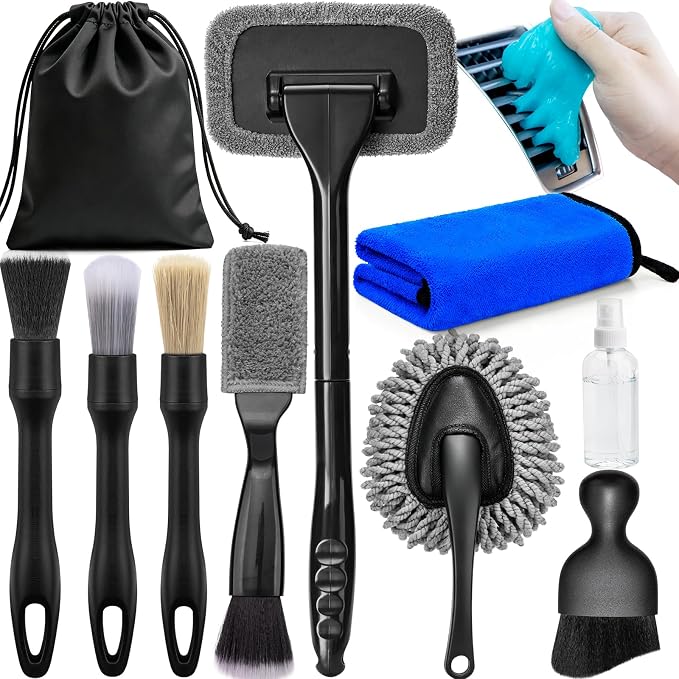 Car Interior Cleaning Kit - Windshield Cleaner Tool, 3 Graded Boar Brushes, Double Head AC Vent Shutter Brush, Towels, Duster, Car Interior Detailing Kit for RVs, Truck, Trailer
