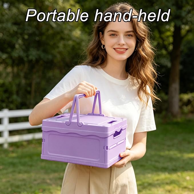 Foldable Small Plastic Baskets with Lids and Handles for Organizing,Collapsible Storage Crates, Stackable Bins for Home Kitchen Bedroom Bathroom Office (Purple, 12 * 8 * 7)