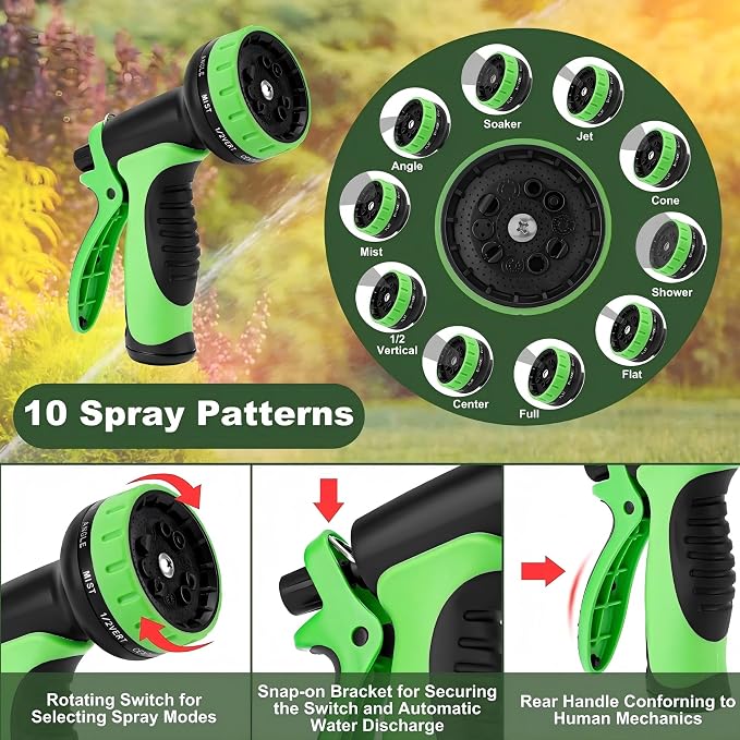 50ft Non-Expanding Garden Hose, 3/4" GHT Kink-Free Water Hose with 10 Function Nozzle, Flexible Outdoor Hose for Yard, Garden, Car Washing