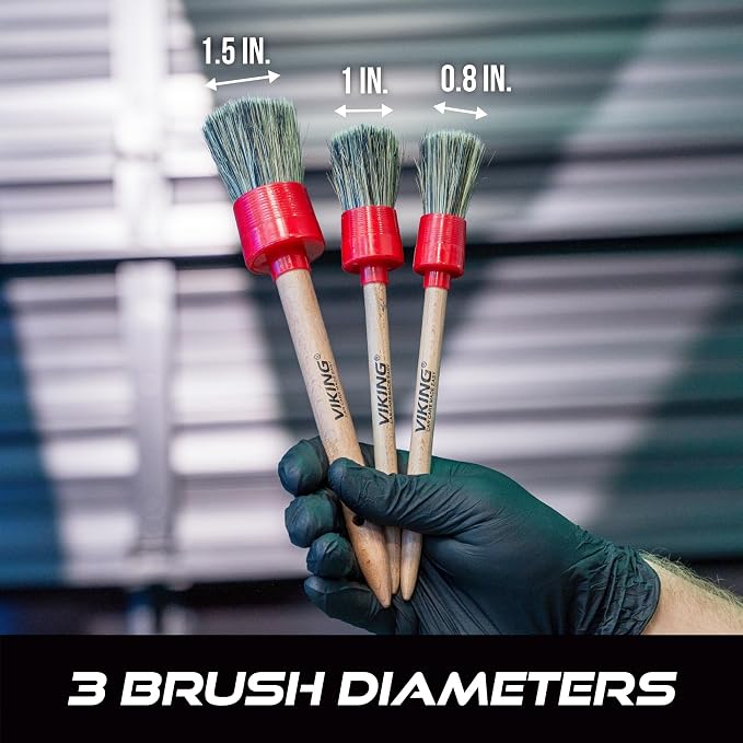 VIKING Car Detailing Brush Set for Exterior Car Cleaning, 3 Pack | 3 Sizes Detailing Brushes for Car Cleaning Kit, Super-Soft Bristles for Emblems, Grills, Under the Hood