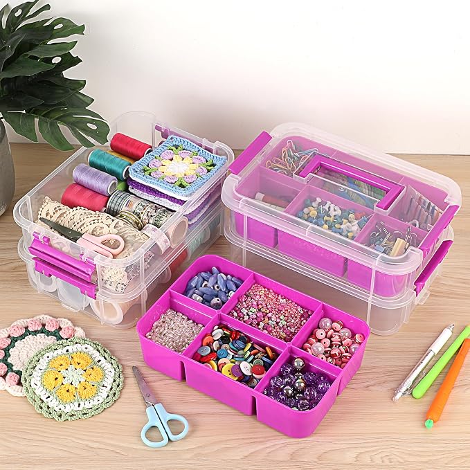 JUXYES 4-Tiers Plastic Stack Carry Storage Containers Box wih Handle Lids | Clear Stackable Latching Storage Bin With 2 Tray for School Office, Organizing Sewing, Art Craft, DIY Supplies, Purple