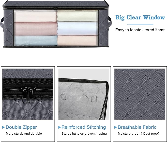 HomeHacks Storage 4-Pack Clothes Organizer Storage Bags Foldable Storage Box with Large Clear Window Sturdy Handles for Closet, Dorm, Pillows, Bedding, Clothes, Stuffed Toys, Blankets, Grey | Foldable Storage Box Container with Zippers, Clear Window, R...