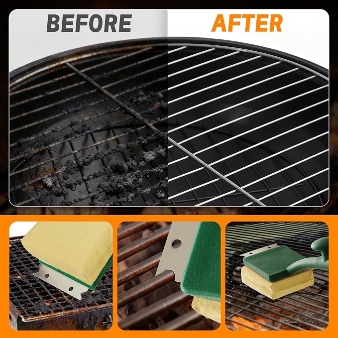 Grill Brush Bristle Free with Scraper, BBQ Replaceable Cleaning Head | Barbecue Grill Cleaner with Seamless Fit Scraper Tool for Cast Iron, Stainless-Steel Grates - Green