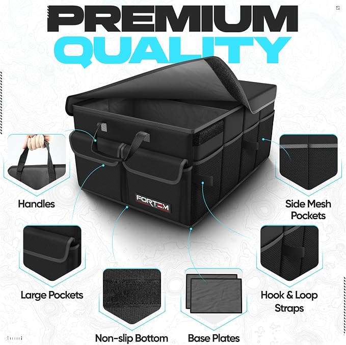 FORTEM Trunk Organizer - Foldable Car Organizer & Storage for SUVs & Trucks | Car Accessories for Men Women, Collapsible Bag, Non Slip Bottom, Straps, Soft Cover, 600D Oxford, Black, 2 Compartments, 45L