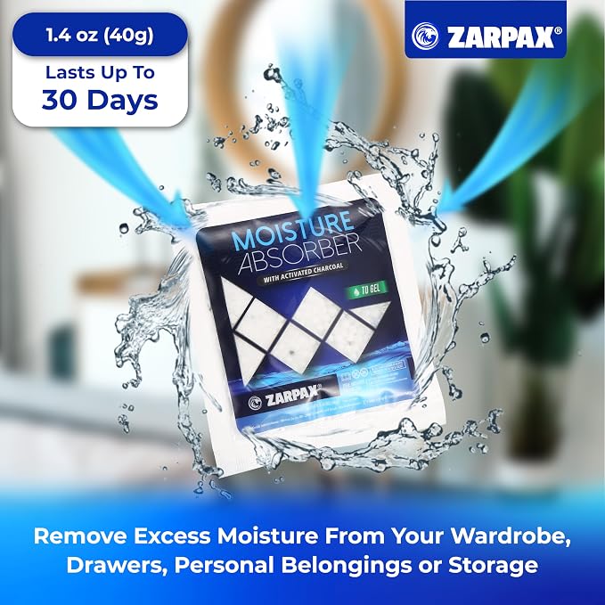 Zarpax Moisture Absorber Sachets Activated Charcoal 1.4 oz/40g - Remove Excess Moisture In Air - Desiccant Dehumidifier for Closet, Drawer, Safe, Storage - Dampness & Humidity Control - Set of 15