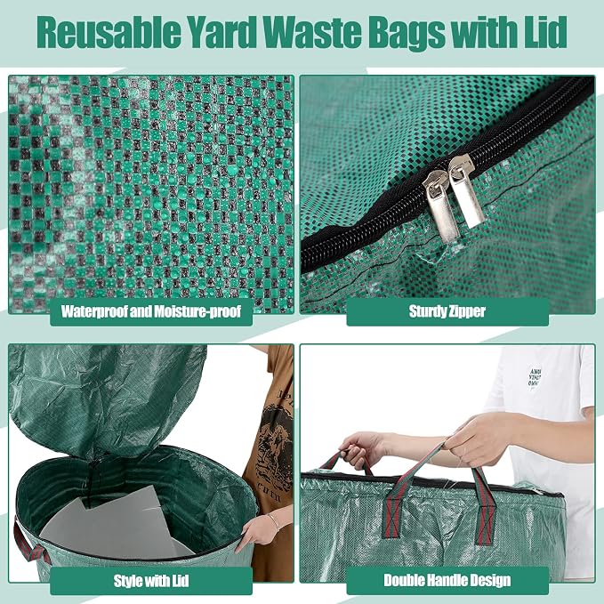 Kingdder 2 Pack 132 Gallon Reusable Yard Waste Bags with Lid and Handle Collapsible Extra Large Lawn Bag Holder Heavy Duty Leaf Bins Garden Container for Garbage Outdoor Clean Up Debris Leaves Grass