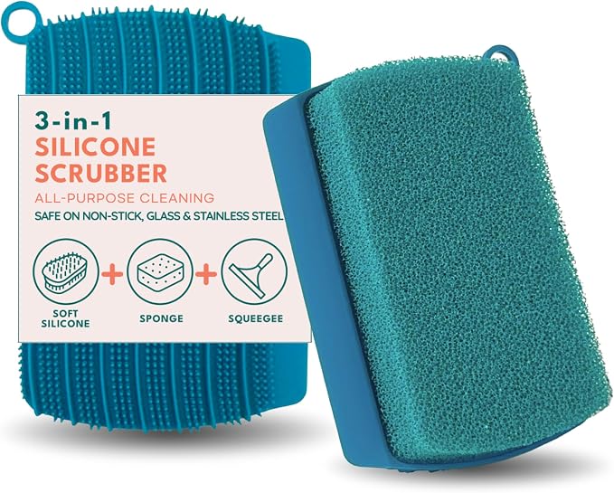 3-in-1 Silicone Scrubber Sponge with Squeegee – Non-Scratch Kitchen Sponge for Dishes, Sink & Bathroom, Quick-Dry, Reusable Cleaning Tool (Teal)