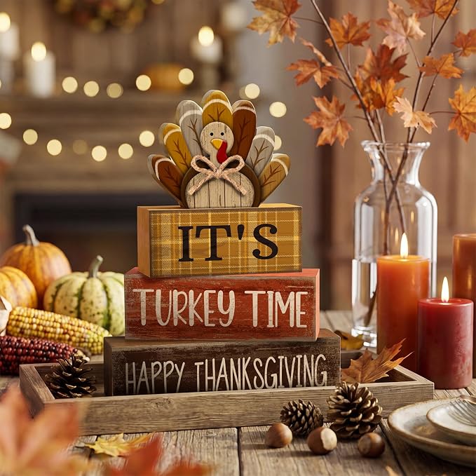 Moucuny 4 Pcs Thanksgiving Table Decorations Wooden Turkey Tiered Tray | Rustic Farmhouse Centerpiece with Turkey Time Signs, Kitchen or Dining Display, Stackable Blocks Gift for Fall Harvest