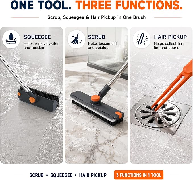 Floor Scrub Brush with Long Handle, 3-in-1 with Squeegee & Stiff Bristles | Heavy-Duty V-Shaped Bristles, 30–50 in Adjustable Handle, 360° Rotating Head & Built-In Hair Picker for Tile, Grout & Showers