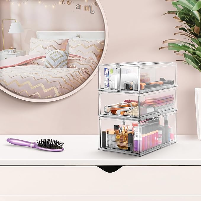 Sorbus Clear Stackable Storage Drawers with Handles (Small Wide, 2 Pack) | Easy-access plastic organization for pantries, offices, bathrooms and closets; supports sorting and visibility.