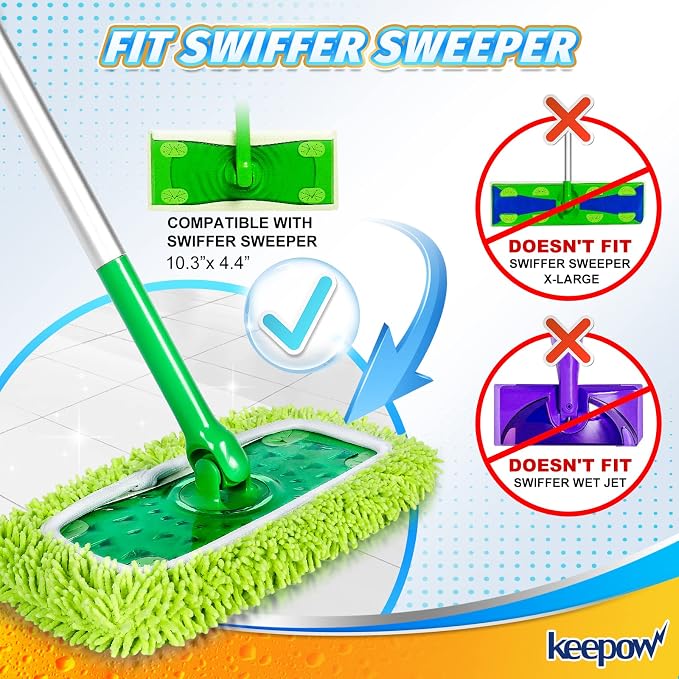 KEEPOW Reusable Microfiber Mop Pads Compatible with Swiffer Sweeper, 6 Pack | Dry Sweeping/Wet Mopping Cloths, Washable Microfiber Mop Pads Refills for Hard-Surface/Hardwood Floor Cleaning