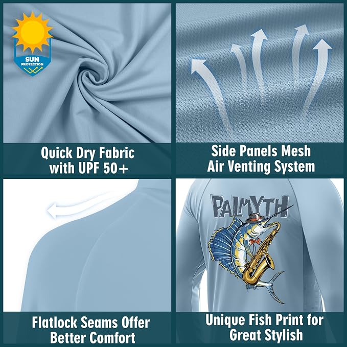 Palmyth Men's Fishing Hoodie UPF 50+ Long Sleeve with Face Mask Neck Gaiter | Zipper Pocket, Thumb Loops, Quick-Dry, Side Mesh Panels, Lens Cleaning Cloth