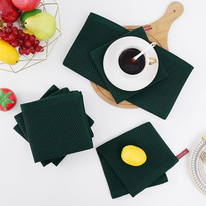 Homaxy 100% Cotton Waffle Weave Kitchen Dish Cloths 6-Pack, Blackish Green | 12 x 12 Inches, Ultra Soft Absorbent Dish Towels, Quick Drying Dish Rags with Hanging Loop