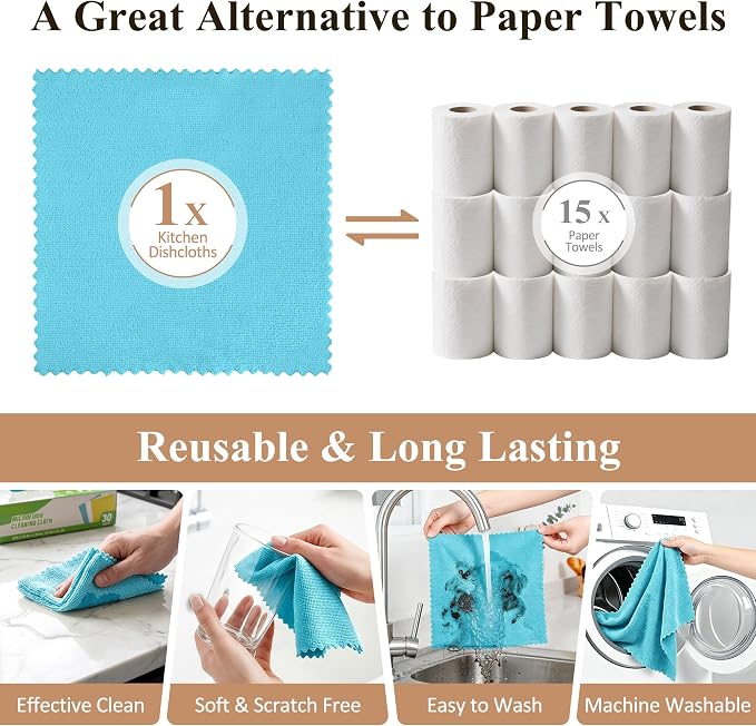 30 Pack Microfiber Cleaning Cloths, Dish Towels for Kitchen, Car, Bathroom | Cleaning Rags for Window, Household, Ultra Absorbent Cleaning Supplies, Lint Free, Streak Free, Reusable & Washable (Blue)