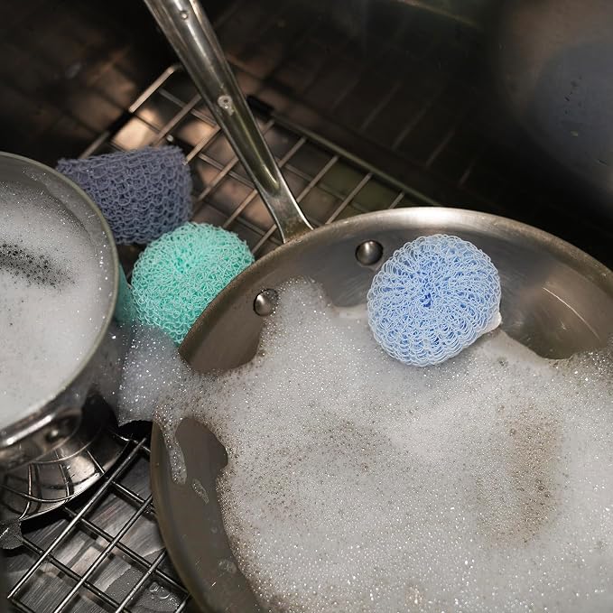 Fox Run Mesh Dish Scrubber Set, 3 Multicolor Polyester Kitchen Cleaners | Easily Clean Plates, Pots & Glasses | Dish Sponges For Nonstick Pans | Kitchen Cleaning | Reusable Kitchen Scrub Sponge Set