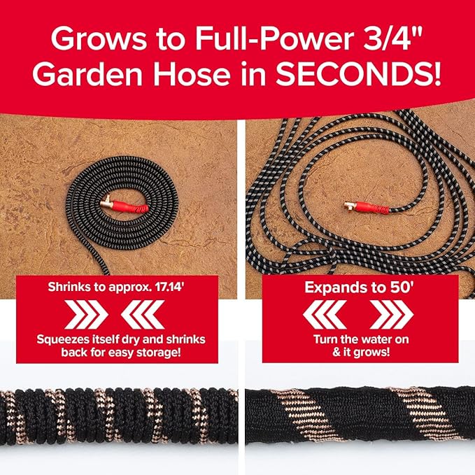 Pocket Hose 50 FT Copper Head Expandable Garden Hose, As Seen on TV | Anti-burst sleeve reinforced with bulletproof fiber, 360° swiveling pocket pivot connector, lightweight compact design
