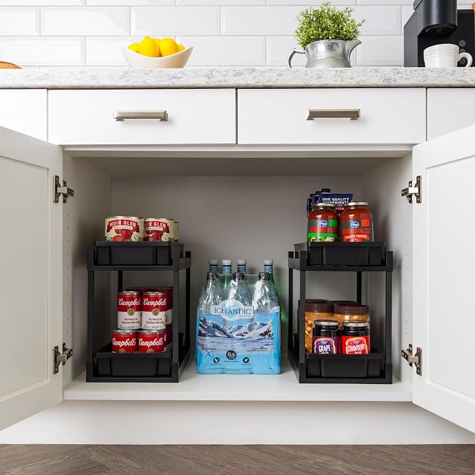 IRIS USA Under Sink Organizer, 4 Pack, Pull Out Storage Drawers | Tool-Free Assembly, 2-Tier Cabinet Storage, Space Saving, Vertical Spice Rack