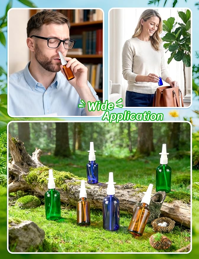 8 Pcs Nasal Spray Bottle, 50ML/1.76OZ 4Pcs Fine Mist Glass Empty Brown Blue Nose Nasal Spray Bottles Refillable with 2 Funnels and 2 Labels