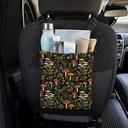 Cottagecore Mushroom Car Trash Bag Hanging for Back Seat | Rustic Forest Plant Floral Canvas Drawstring Car Garbage Bag with Adjustable Buckle Vehicle Trash Can