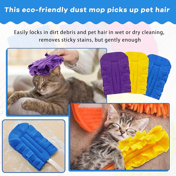 Zubebe 3 Pcs Reusable Duster Refills Fleece,Yellow, Blue, Purple | Soft Polyester Fiber Flat Duster Refill Multi Surface Washable Cleaning Pad Tools for Home, Blinds, Car, Pet, Furniture, Fans