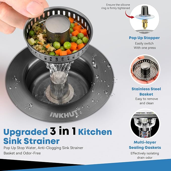 Upgraded 3 in 1 Kitchen Sink Drain Strainer (Dark Grey) | Stainless Steel Sink Stopper, Anti-Clogging Food Catcher Basket, Bounce Core Drain Strainer Plug for 3 1/2 inch Drain