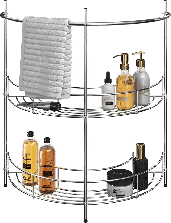 Lavish Home Pedestal Sink Organizer, Silver, 21.25” x 11” x 23.25” | Compact Under the Sink Rack with 2 Storage Shelves and Towel Holder, Space Saving Bathroom Storage