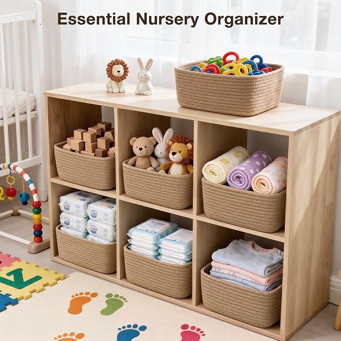 3 Pack Small Baskets for Organizing, Woven Storage Baskets for Shelves | 11.8x7.8x3.8 in Cotton Rope Baskets, Toy Baskets Storage Kids, Basket Organizer, for Living Room, Bedroom, Nursery, Mix Brown