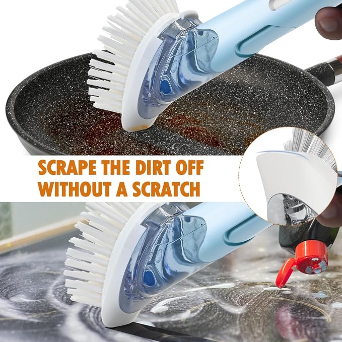 RIMAY Soap Dispensing Dish Brush Dish Scrubber with Soap Dispenser Handle | Dish Soap Brush and Dish Wand Heavy Duty Kitchen Cleaning Scraper Non-Scratch Scrubs Dishes, Pans, Sink, and Pots, Blue