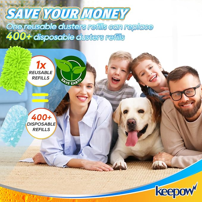 KEEPOW 4Pk Duster Refills Compatible with Swiffer, 360° Microfiber Refill | Reusable Microfiber Dusters in Blue, Yellow, Orange & Green, 360° Heavy Duty Refills Compatible with Swiffer, 4 Pack