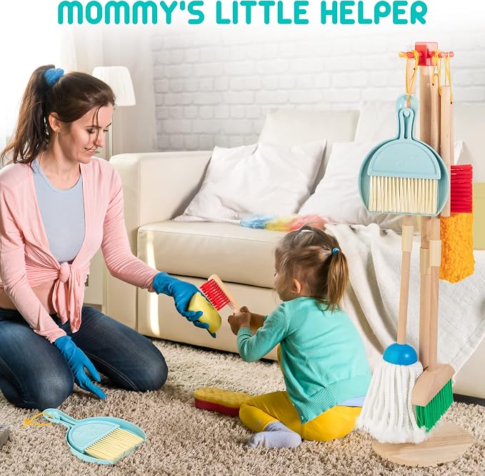 Kids Cleaning Set, 8 Pcs Wooden Housekeeping Play Toy Broom Mop Set | Brushes Rag and Organizing Stand, Montessori Cleaning Toys Gift for Toddlers Girls Boys Age 3-6, Solid Beech Wood